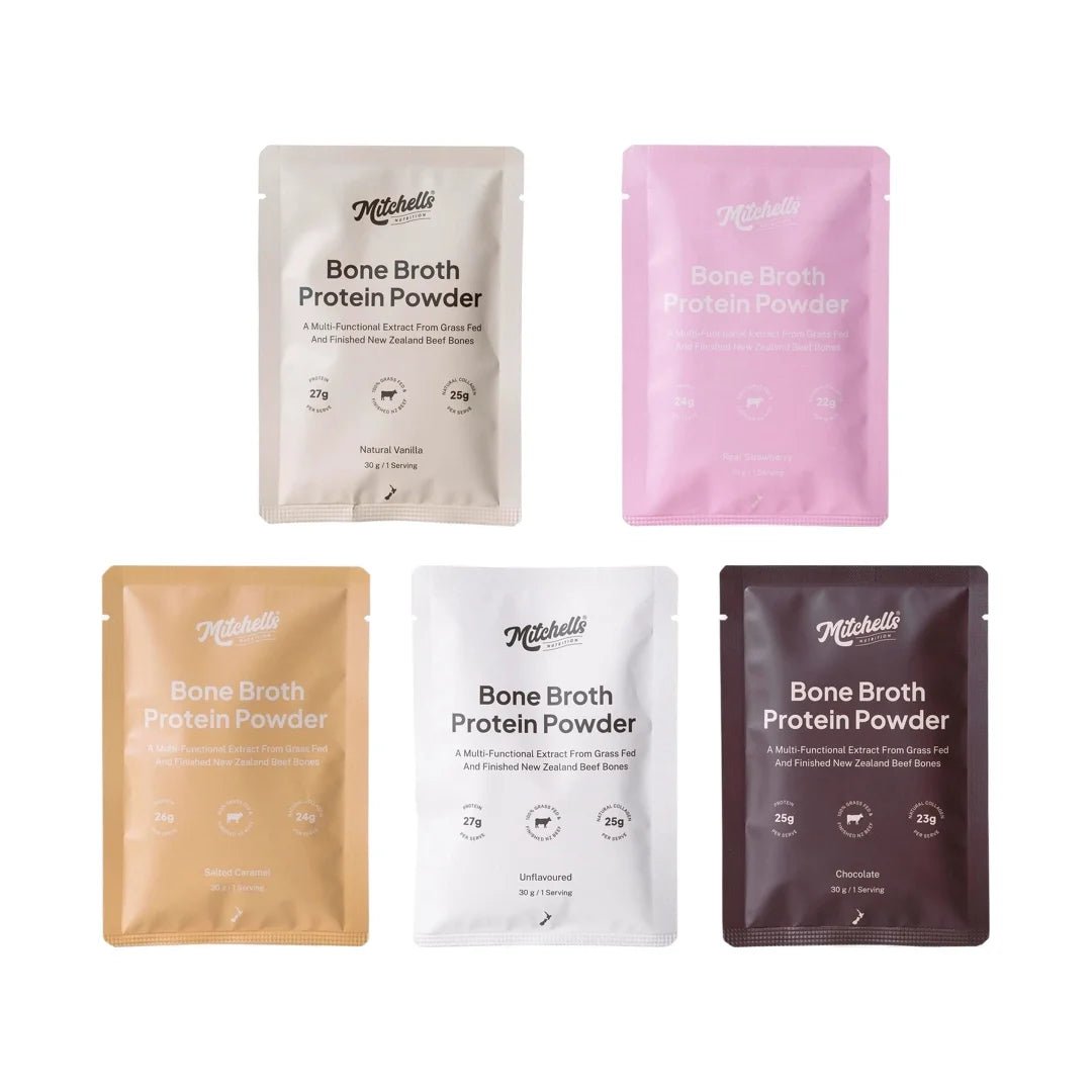Bone Broth Protein Powder Sample Bundle by Mitchells Nutrition with five flavored packets from their Protein & Collagen range