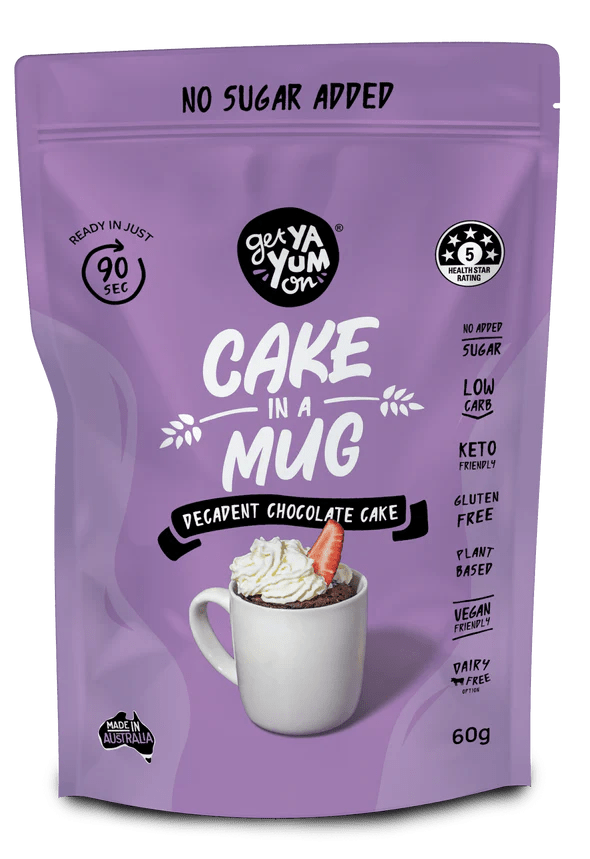 Get Ya Yum On Decadent Chocolate - Cake In A Mug - 60g in purple pack with mug and whipped topping image.