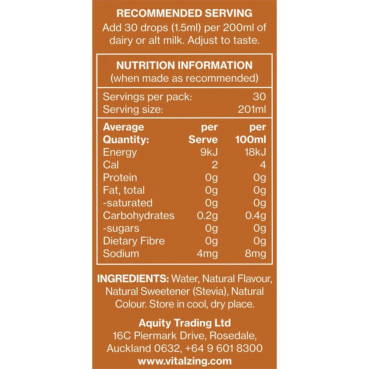 Nutrition facts and ingredients label for Caramel MilkDrops - 40ml by Vitalzing, low calorie, natural sweetener.