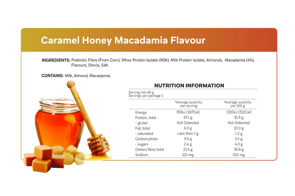 Nutrition facts label for Caramel Honey Macadamia Smart Protein Bars x 12 by Smart Diet Solutions showing ingredients and keto-friendly info