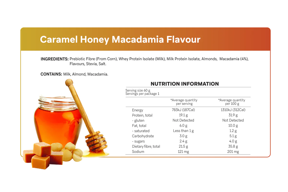 Nutrition facts label for Caramel Honey Macadamia Smart Protein Bars x 12 by Smart Diet Solutions showing ingredients and keto-friendly info