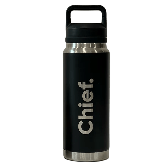 Chief Stainless Steel Water Bottle 800ml in matte black with silver accents and a sturdy carry handle design