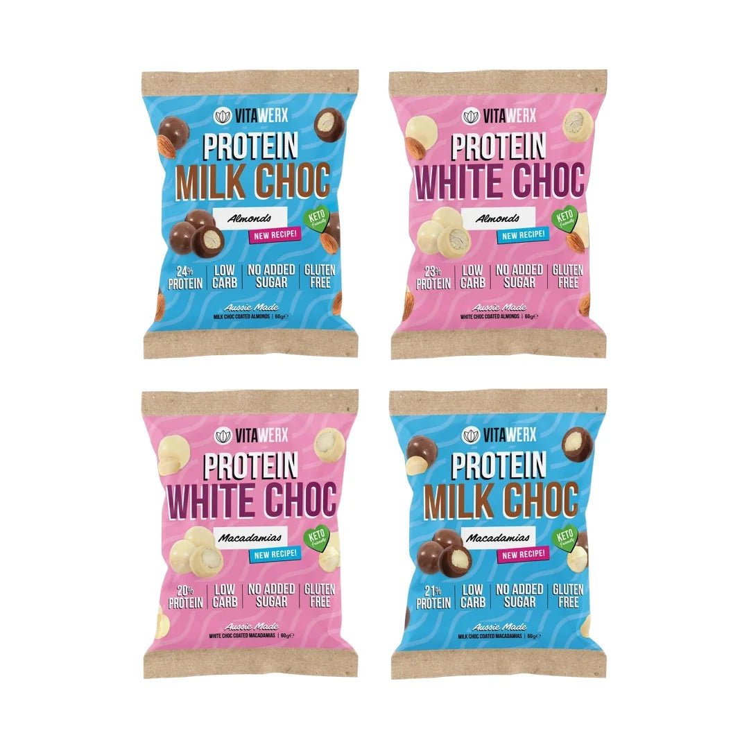 Four Vitawerx Choc Coated Nut Pack bags in milk and white chocolate, almond and macadamia flavors, low carb keto snacks.