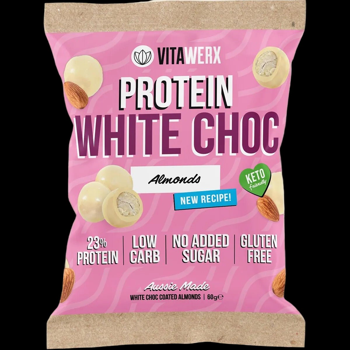 Choc Coated Nut Pack by Vitawerx in pink packaging, featuring white chocolate coated almonds, low carb and gluten-free snack.