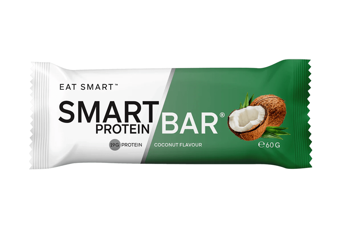 Coconut Smart Protein Bars x 12 by Smart Diet Solutions in green and white packaging with coconut image and 19g protein label