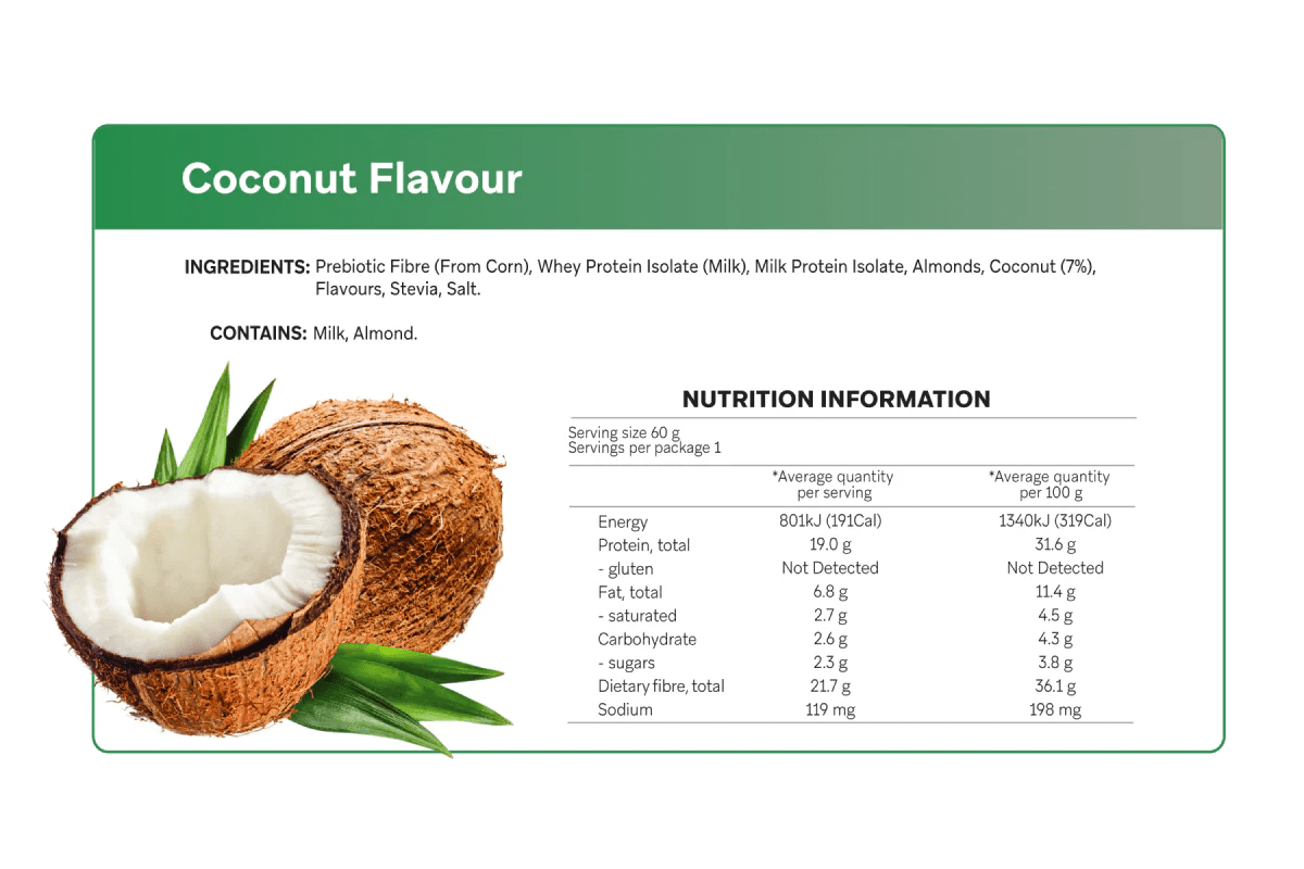 Nutrition panel and ingredients list for Coconut Smart Protein Bars x 12 by Smart Diet Solutions with coconut image and green branding.
