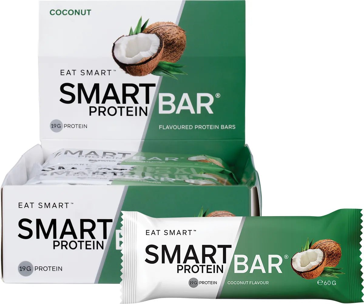 Coconut Smart Protein Bars x 12 by Smart Diet Solutions in green and white packaging with coconut imagery and 19g protein label
