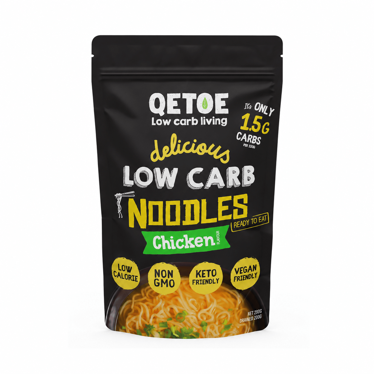 Package of Qetoe low carb noodles with chicken flavor on a white background
