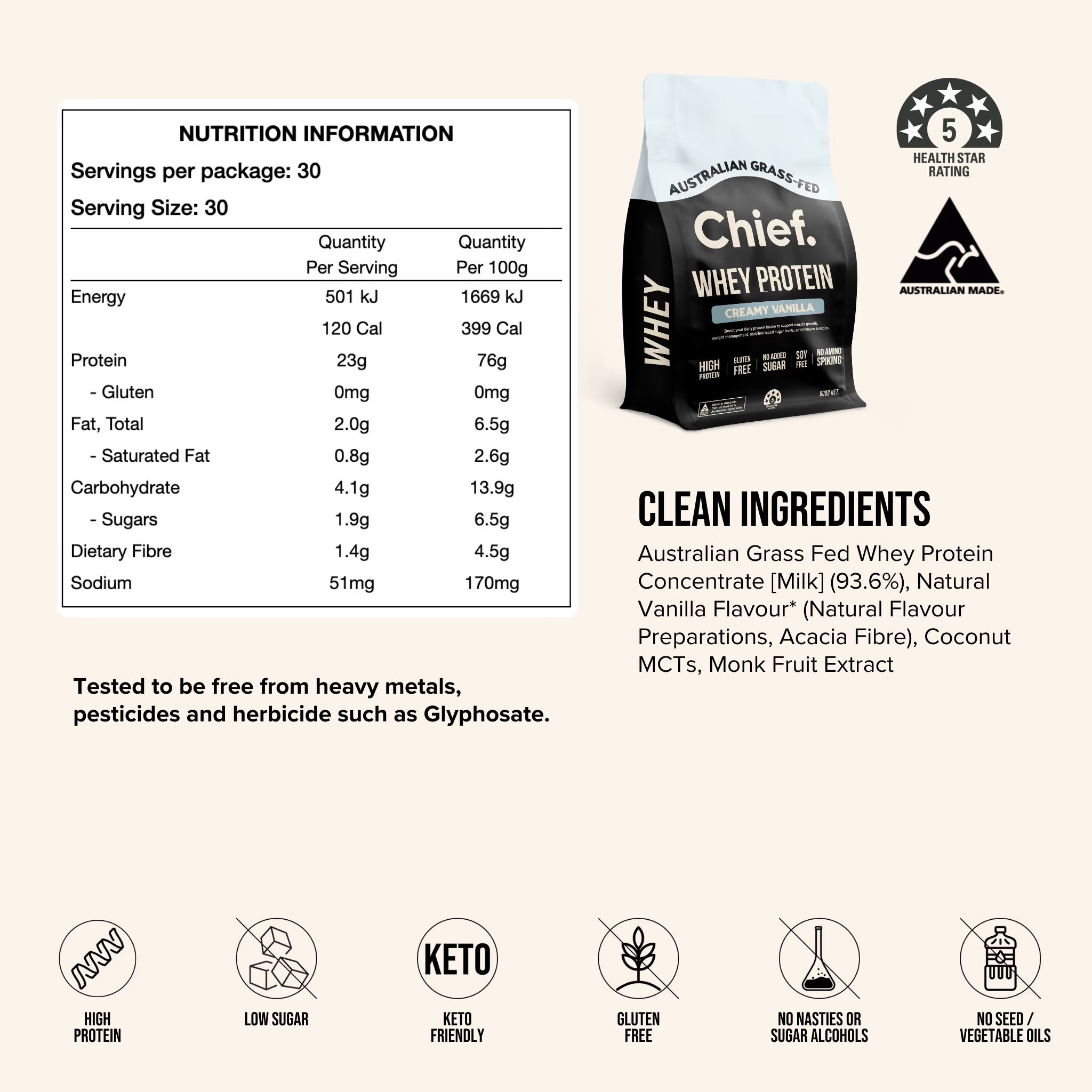 Grass-fed Whey Protein Powder - Creamy Vanilla - 900g