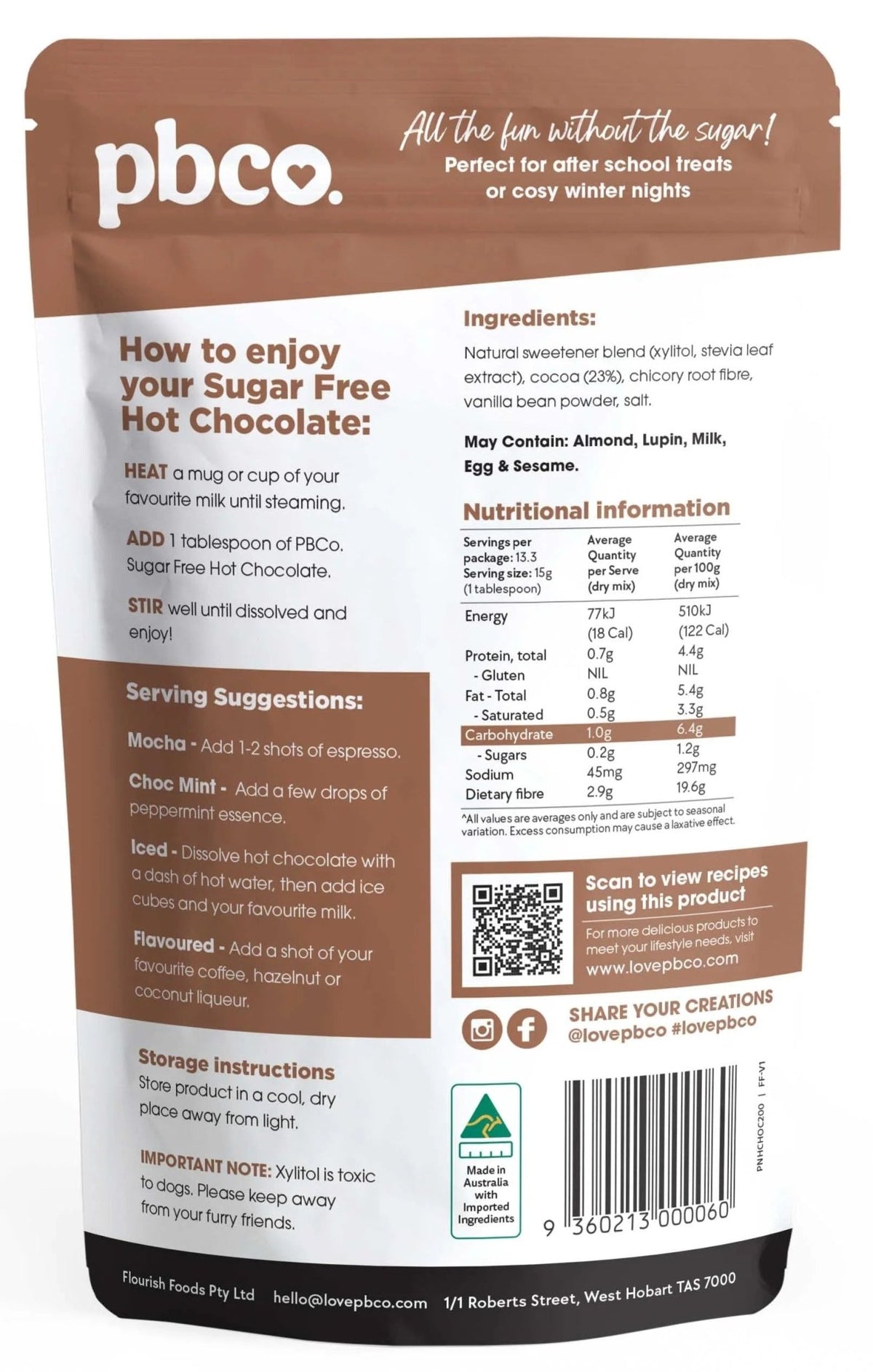 Back of PBCo. Essential Pantry Swaps Bundle packaging showing ingredients, nutritional info, and usage tips in brown and white design