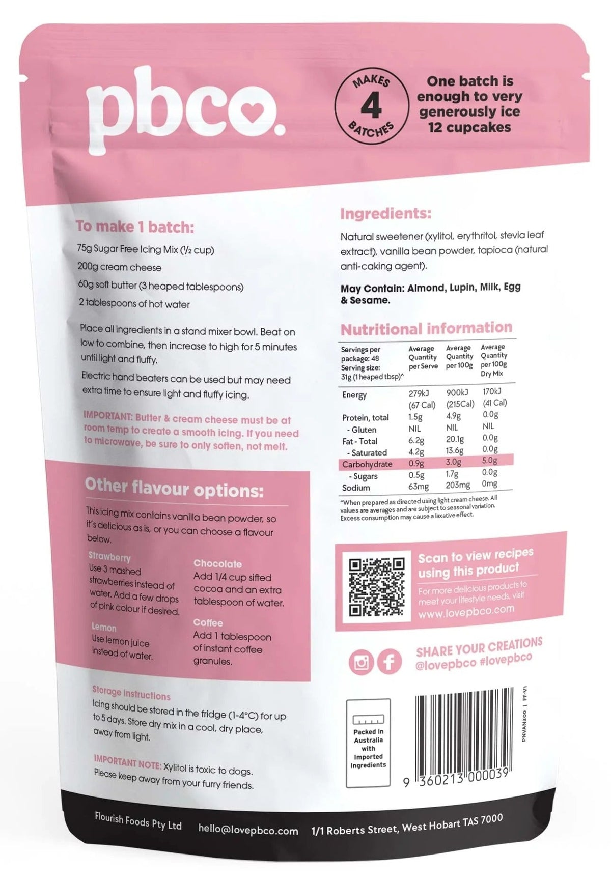 Back label of Essential Pantry Swaps Bundle by PBCo. showing ingredients, nutrition, usage, and baking tips on pink packaging.