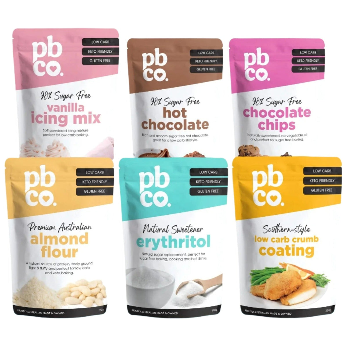 Essential Pantry Swaps Bundle by PBCo. featuring baking mixes and natural sweeteners in colorful resealable pouches
