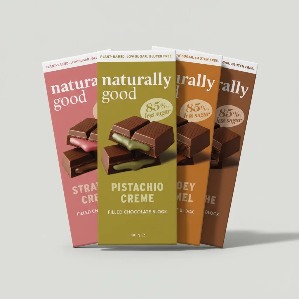 Naturally Good Filled Chocolate Block Bundle featuring strawberry, pistachio, caramel, and ganache filled sweet snacks.