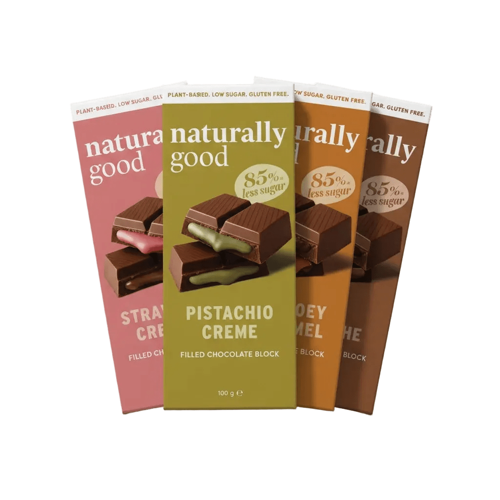 Filled Chocolate Block Bundle by Naturally Good with ganache, pistachio, caramel, and strawberry creme in snack collection.