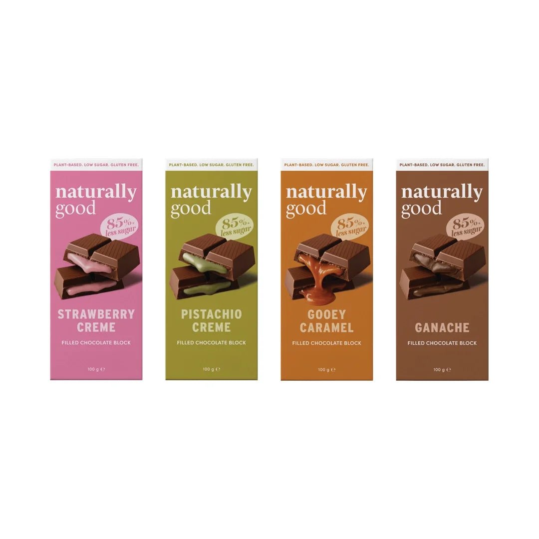 Filled Chocolate Block Bundle by Naturally Good featuring strawberry, pistachio, caramel, and ganache filled chocolates.