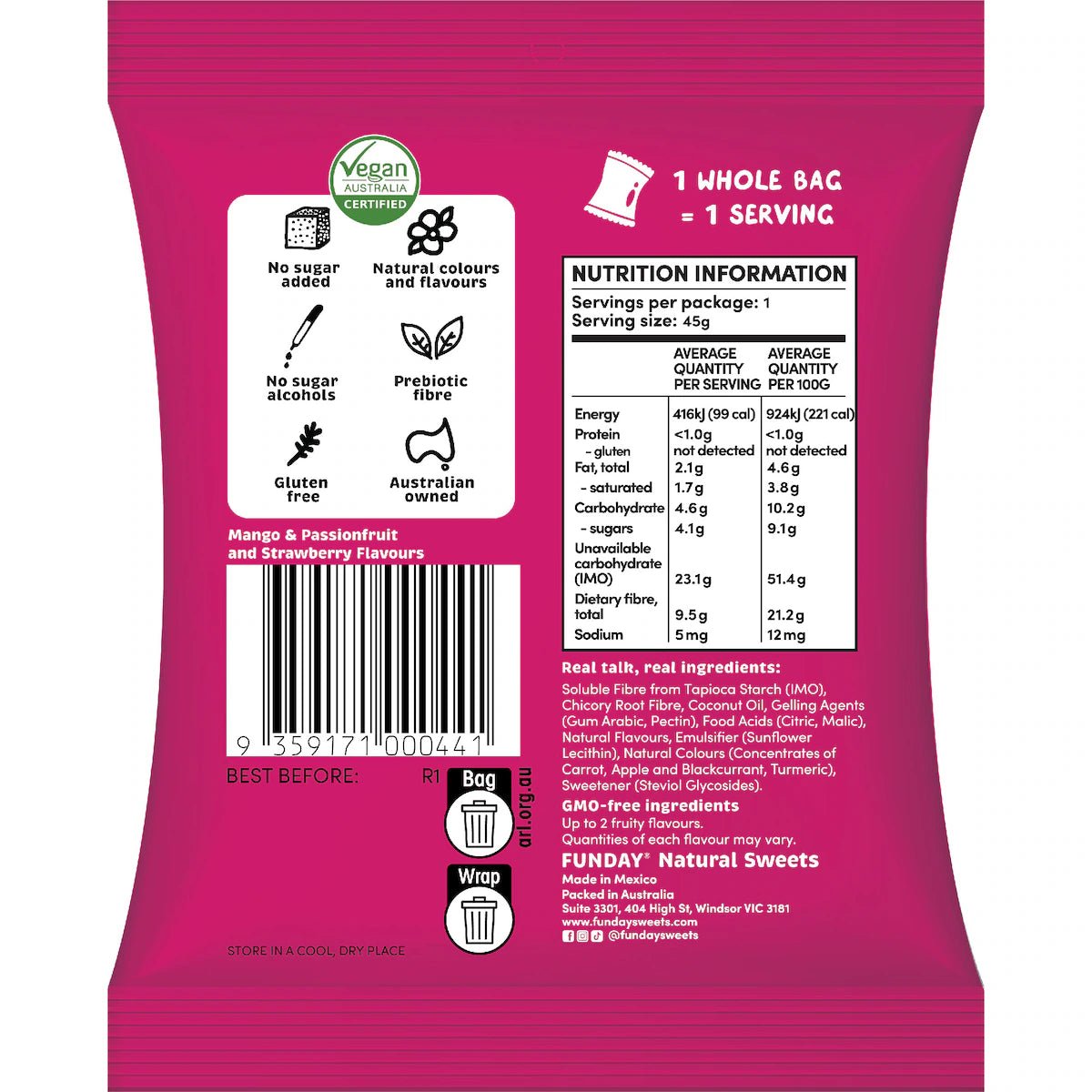 Back of a pink Funday Fruity Chews - 45g bag labeled vegan, showing nutrition info, barcode, recycling symbols, and icons for no sugar added, plant-based prebiotic fibre, natural flavors, and Australian owned. Includes ingredients and flavor details.