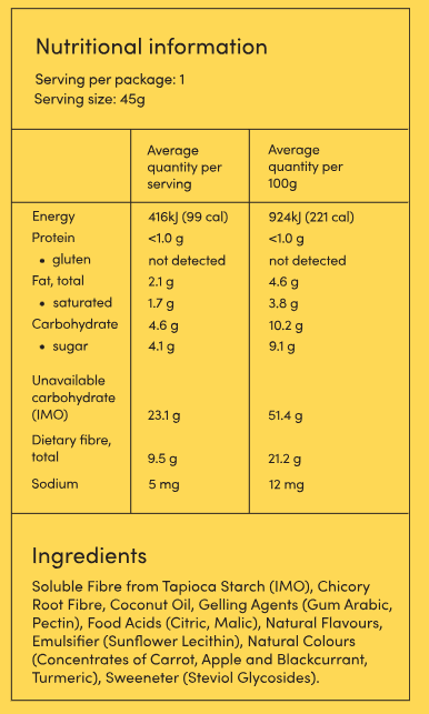 Yellow nutritional information label for Funday Fruity Chews - 45g, listing average values per serving and per 100g for energy, protein, carbs, plant-based prebiotic fibre, sodium, plus ingredients. No added sugar.