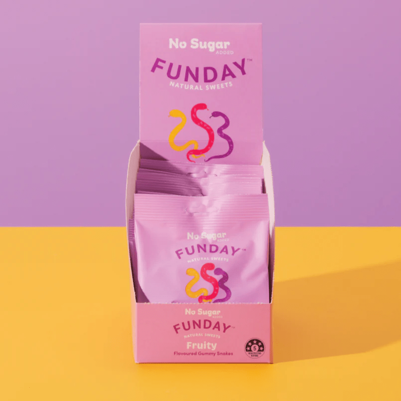 Box of Fruity Gummy Snakes - 50g x 12 by Funday with no sugar added in pink packaging for sweet snacks and lollies collections