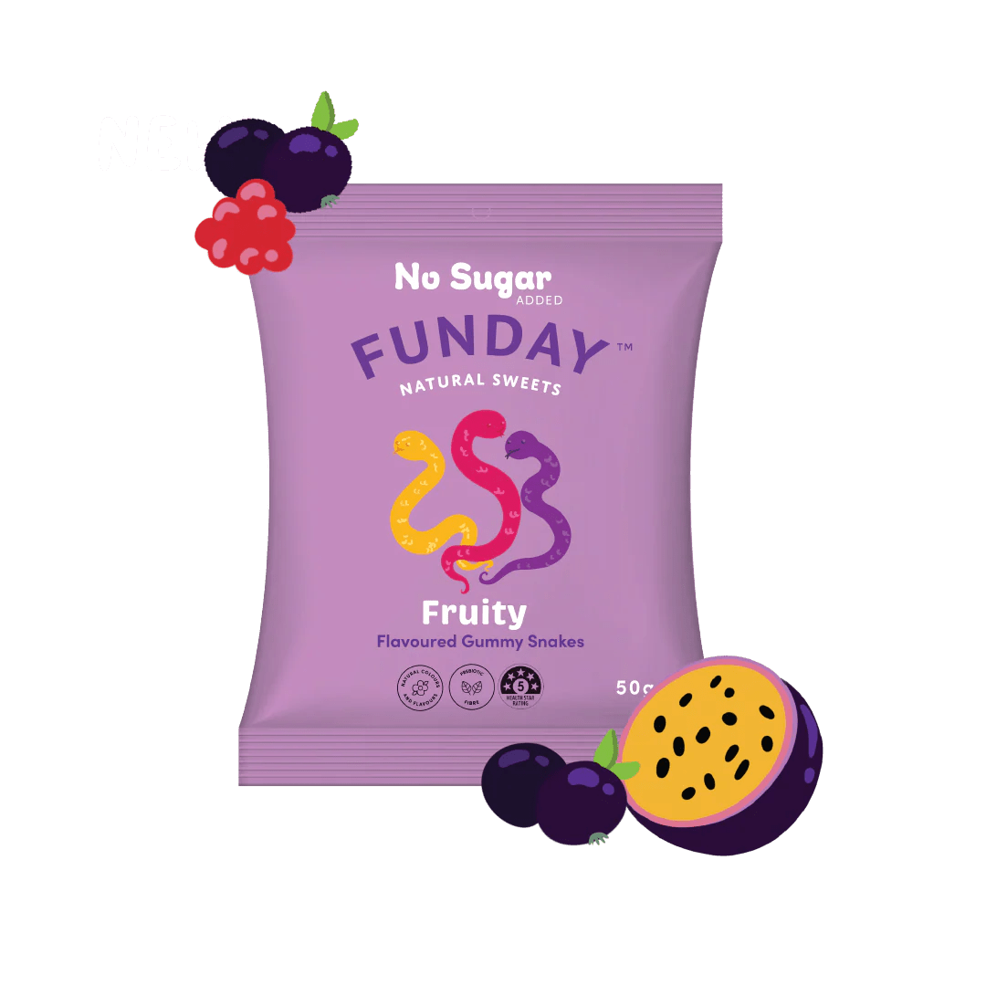 Funday Fruity Gummy Snakes - 50g x 12 pack, no sugar added sweets with purple packaging and fruit accents