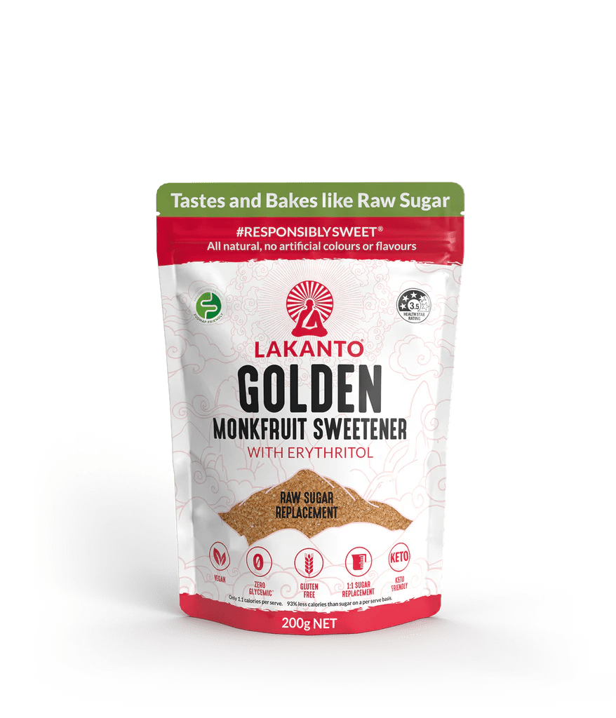 Lakanto Golden Monkfruit Sweetener pouch displayed as raw sugar substitute in Sweeteners and Low Carb collections