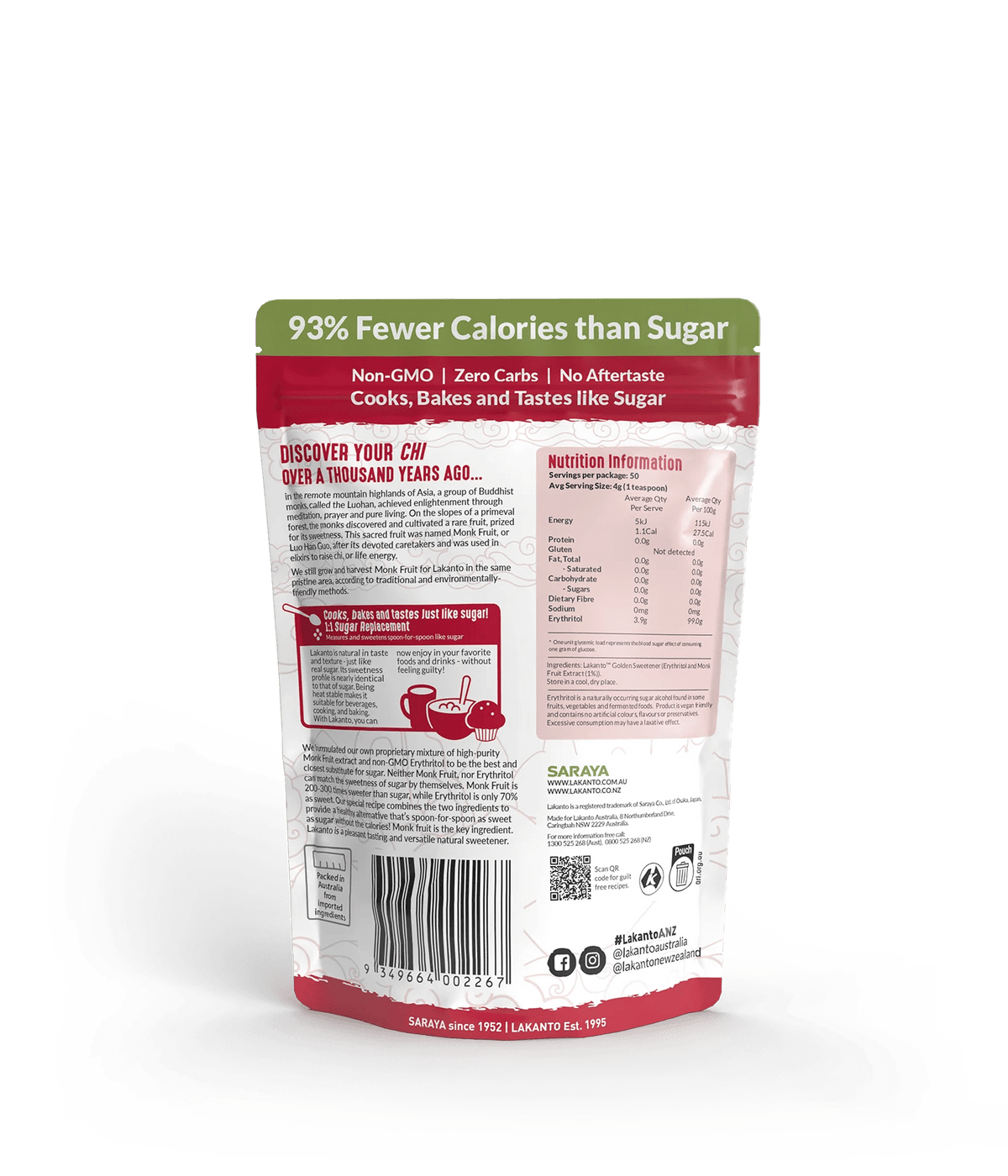 Back of Golden Monkfruit Sweetener pack by Lakanto showing nutritional info and product benefits in red and white design