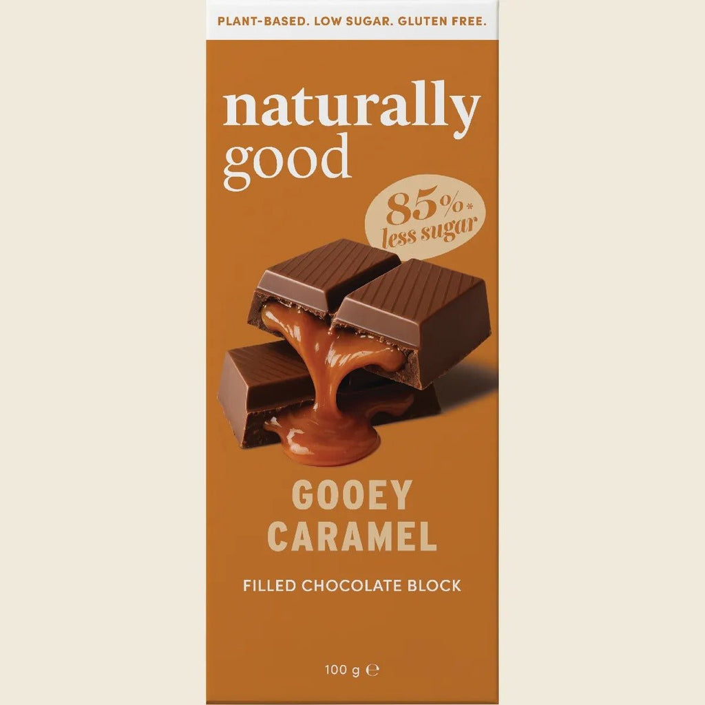 Gooey Caramel Filled Chocolate Block - 100g showing melting caramel oozing from chocolate squares by Naturally Good
