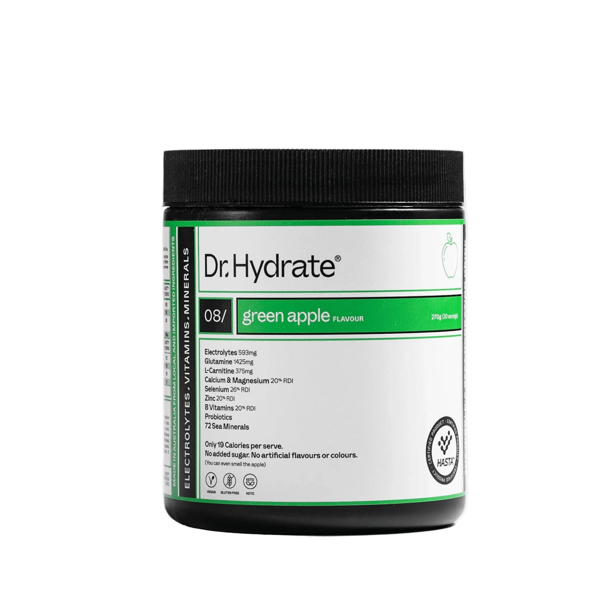 Green Apple Jar - 30 Serves by Dr. Hydrate, electrolyte drink powder in black jar with green label and black lid.