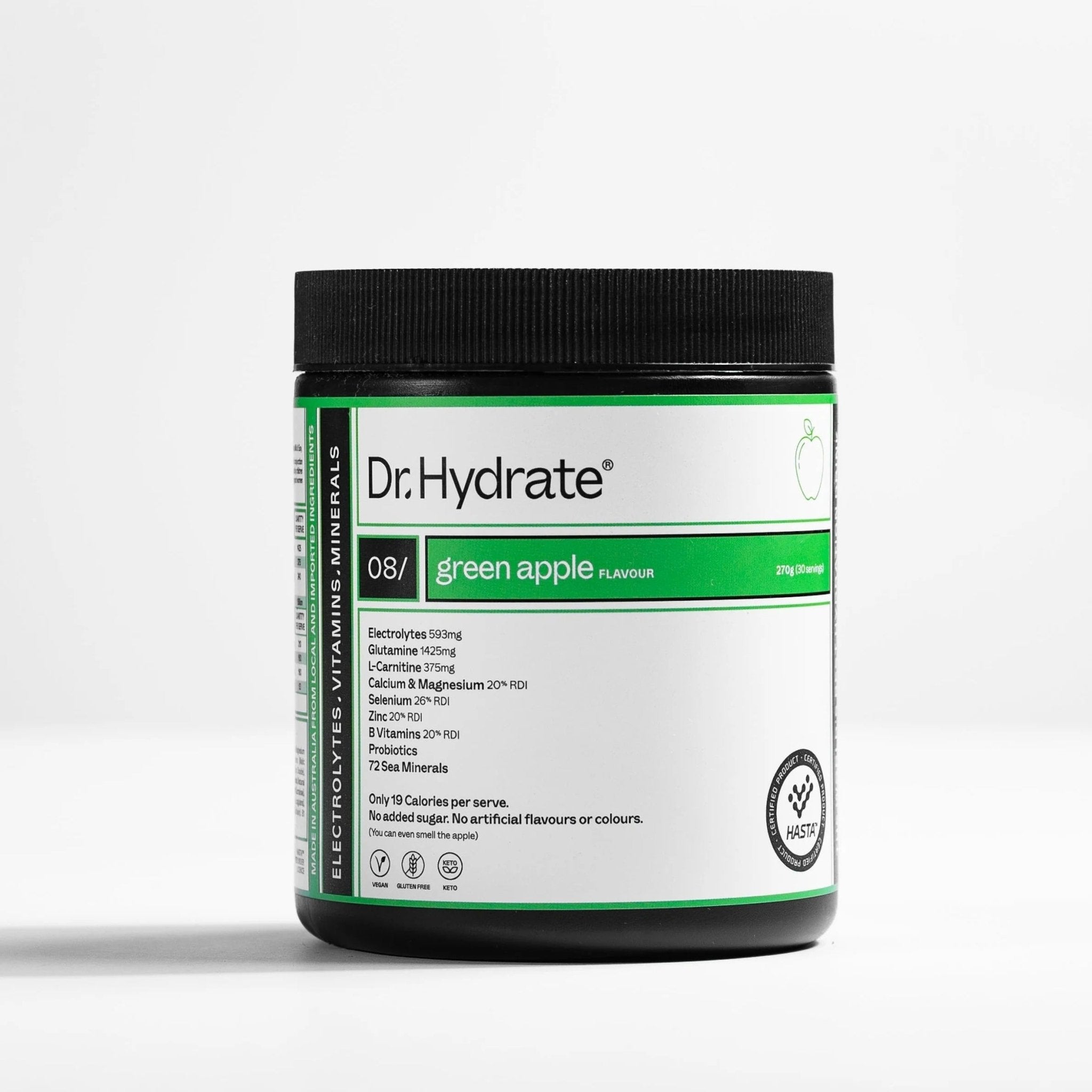 Dr. Hydrate green apple flavored supplement container on a white background