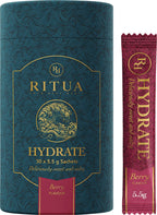 Hydrate - Berry - 30 Pack by Ritua in decorative blue container with single berry-flavored sachet from Electrolytes collection.