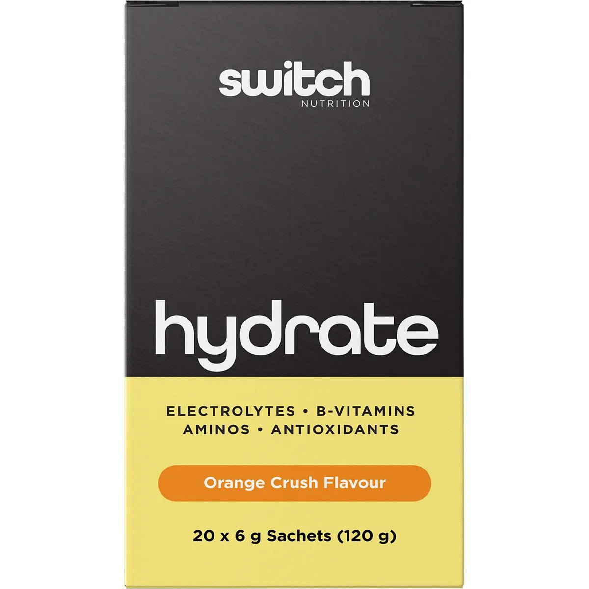 Hydrate Electrolytes - Orange Crush - 20 Pack by Switch Nutrition with B-vitamins, aminos, and antioxidants in yellow and black box.