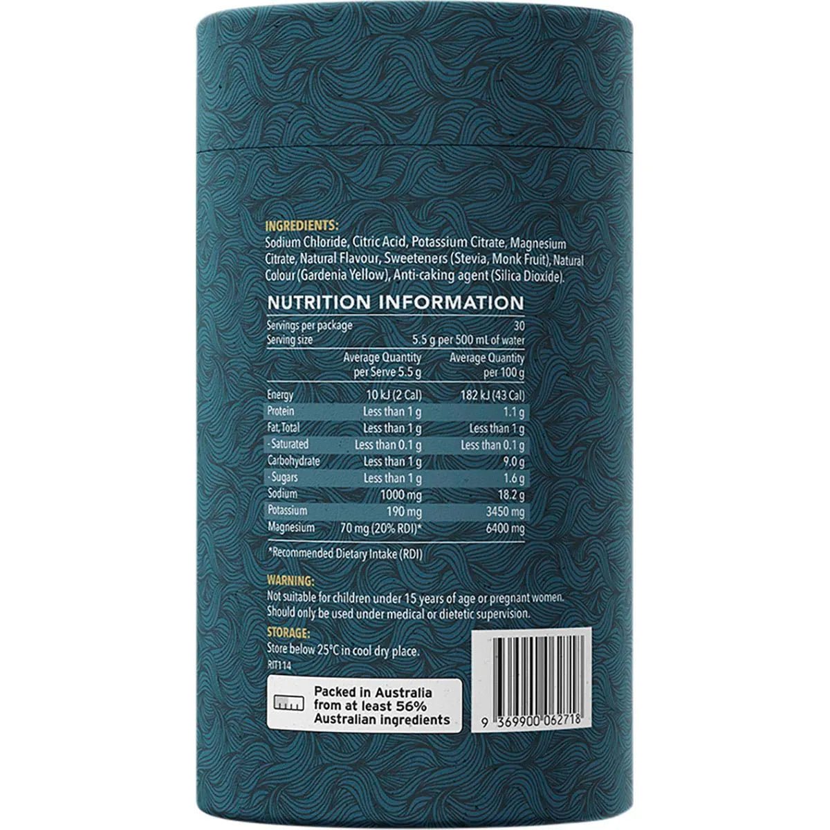 Nutrition label and ingredients list on Ritua Hydrate - Lemon Lime - 30 Pack electrolyte supplement in dark cylindrical packaging