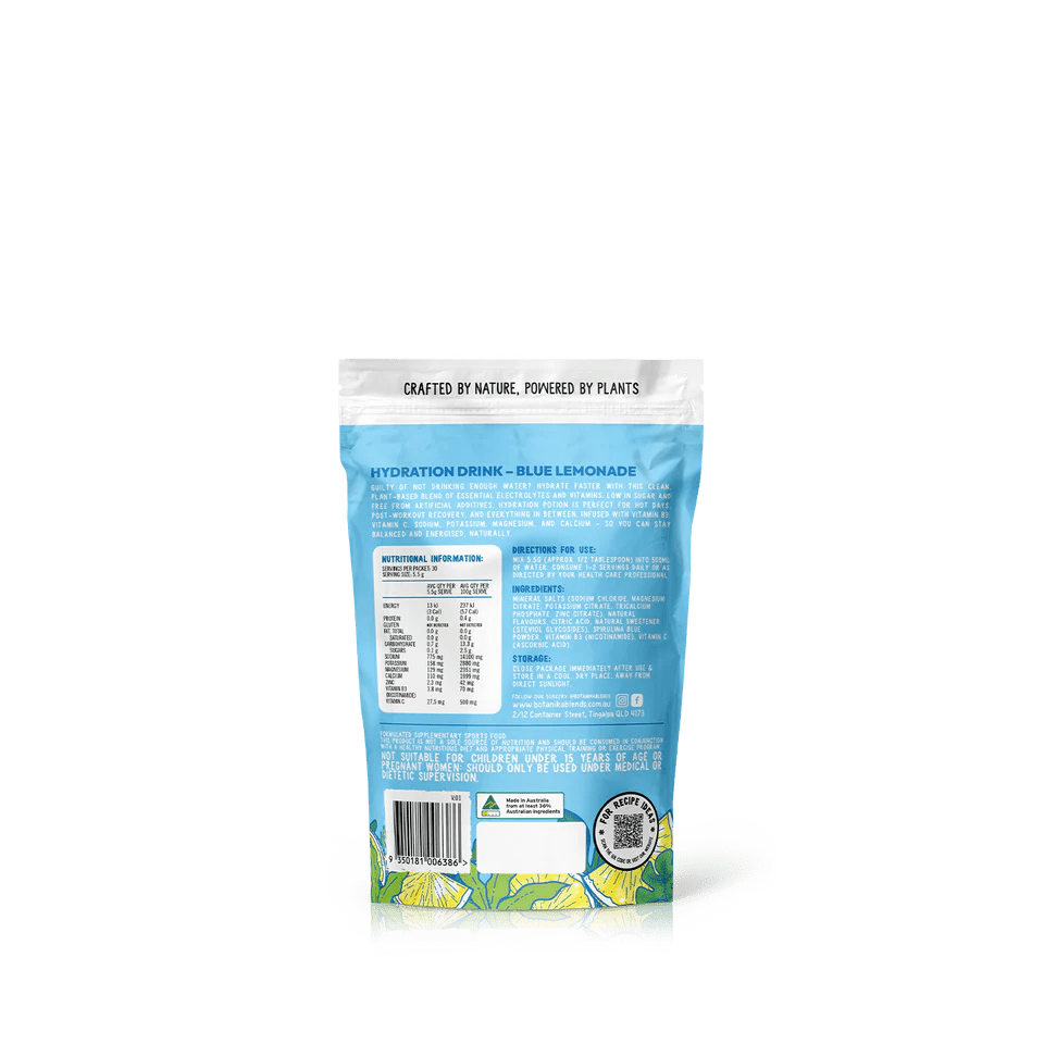 Back of Hydration Potion Blue Lemonade - 165g by Botanika Blends showing nutritional info and usage directions.