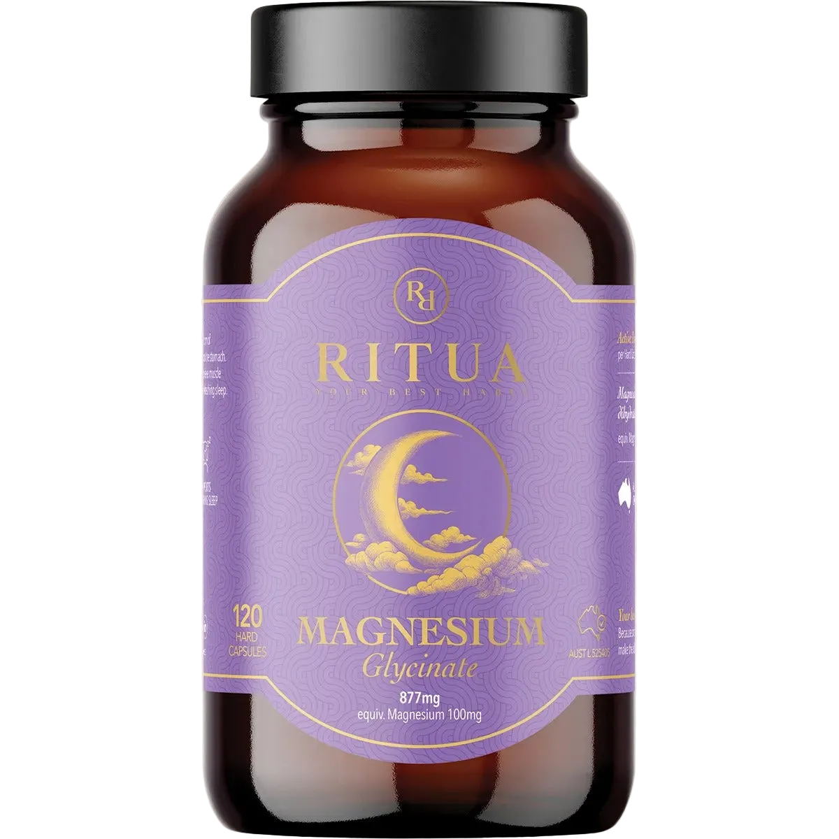 Ritua Magnesium Glycinate - 120 Capsules bottle with purple label, part of the OOS collection, Australian family business.