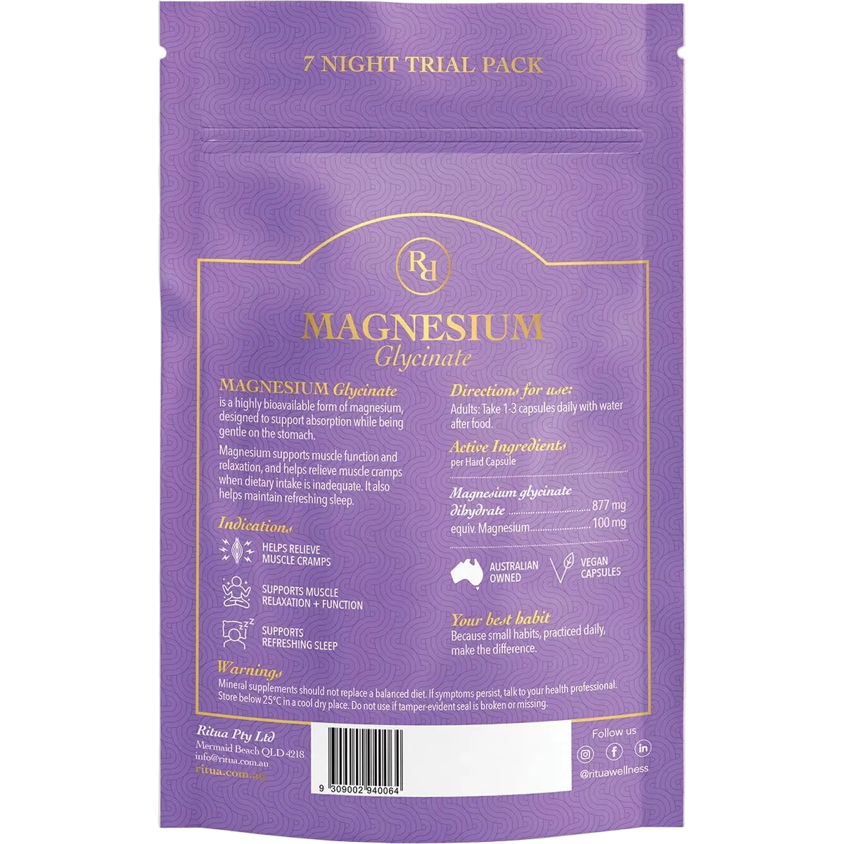 Back of Ritua 7 Night Trial Pack Magnesium Glycinate - 14 Capsules packaging showing usage, ingredients and Australian family business details.