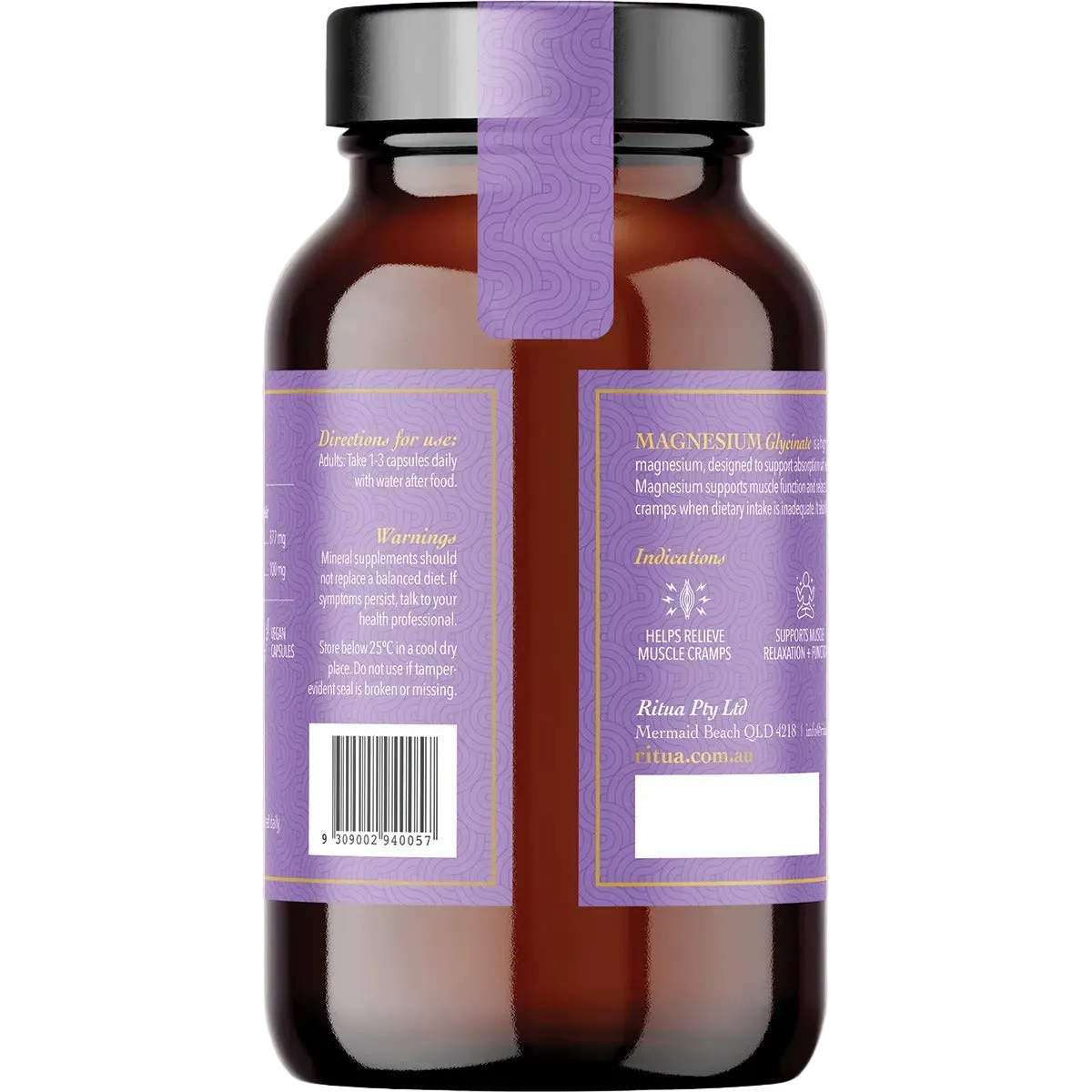Back of Ritua Magnesium Glycinate - 120 Capsules bottle showing usage directions and warnings in OOS collection.