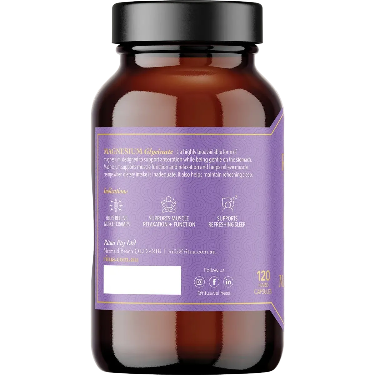 Brown bottle of Magnesium Glycinate - 120 Capsules by Ritua with purple label showing usage benefits and contact info