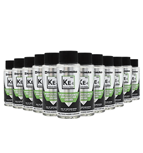 KE4 Ketone Ester Drink 60ml x 12 by Ketoneaid in black caps and white, green labeled bottles, bulk pack for low carb diets