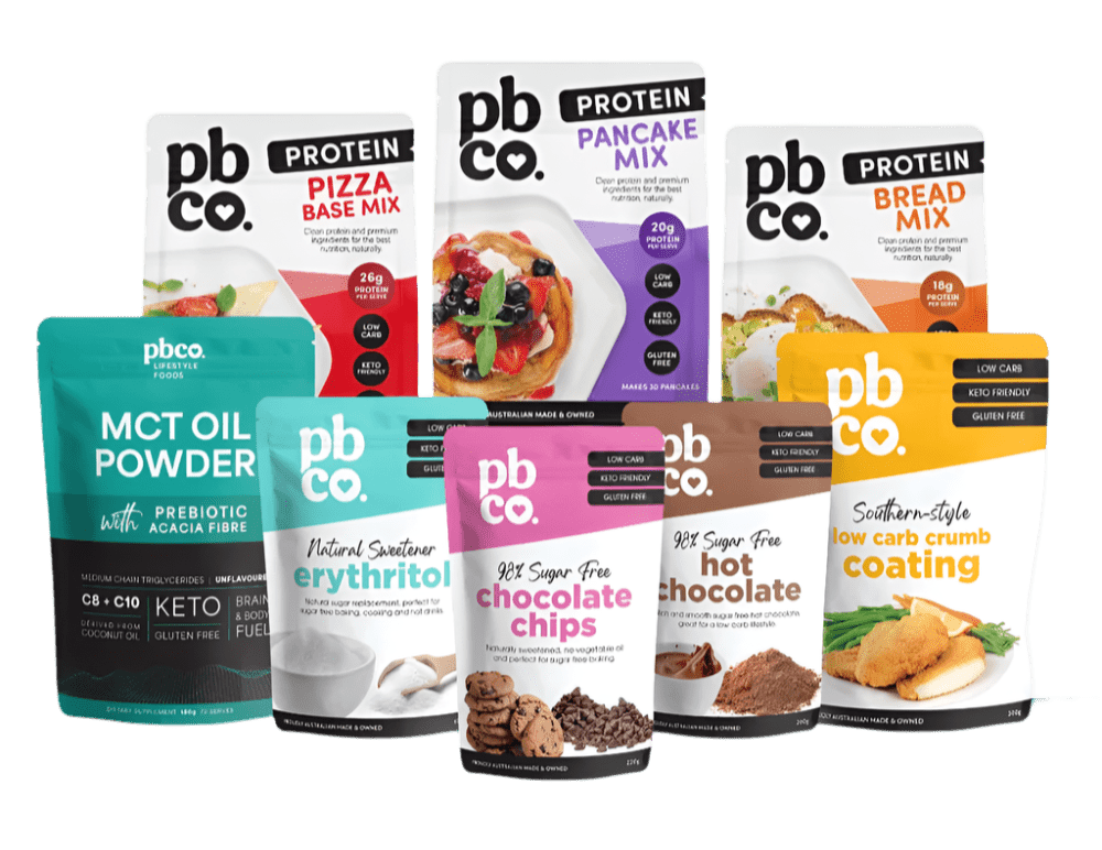Keto Essentials Bundle by PBCo. with baking mixes, sweeteners, coating, and MCT oil powder in varied packaging
