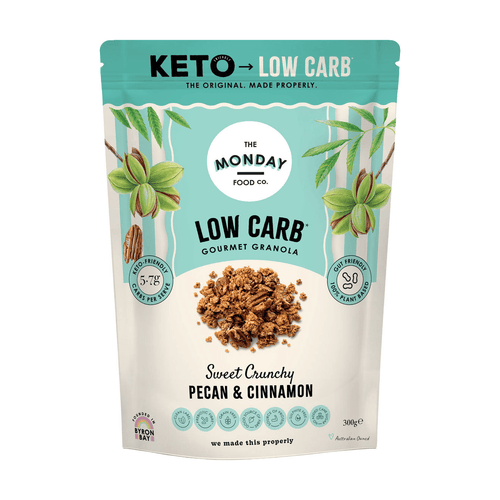 Front of The Monday Food Co Low Carb Gourmet Granola Sweet Crunchy Pecan & Cinnamon 300 g bag