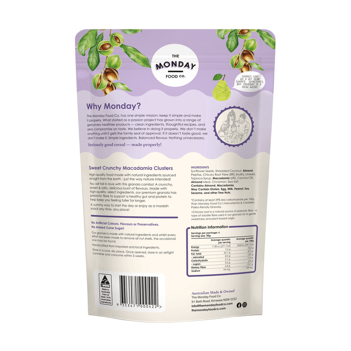 Back of The Monday Food Co Sweet Crunchy Macadamia Clusters granola bag with nutrition information and ingredients