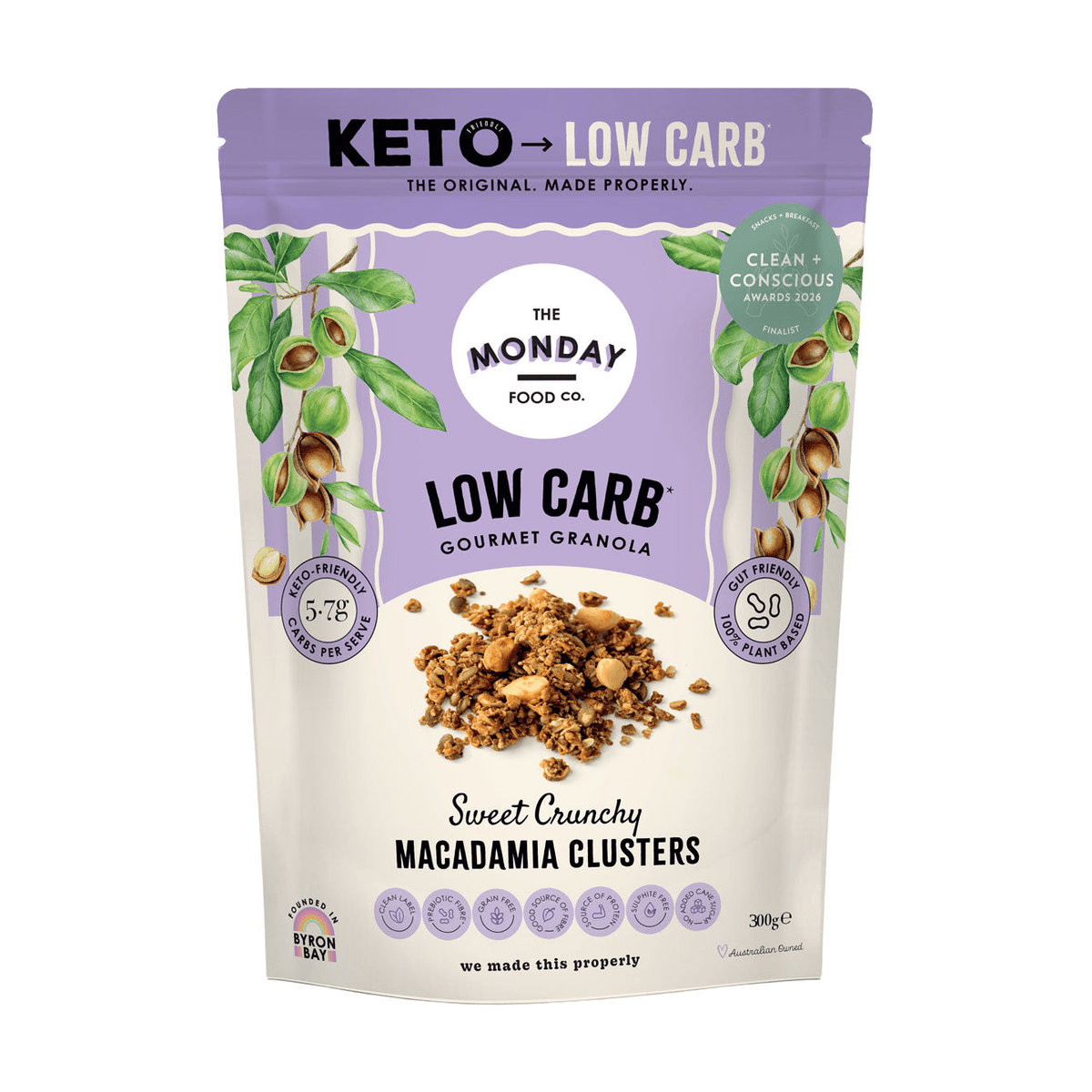 Front of The Monday Food Co Low Carb Gourmet Granola Sweet Crunchy Macadamia Clusters 300 g bag