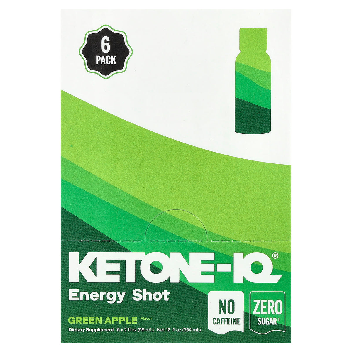 Ketone-IQ - Energy Shot - Green Apple - Caffeine Free - 59ml x 6 pack in green-themed box by HVMN, Low Carb collection.