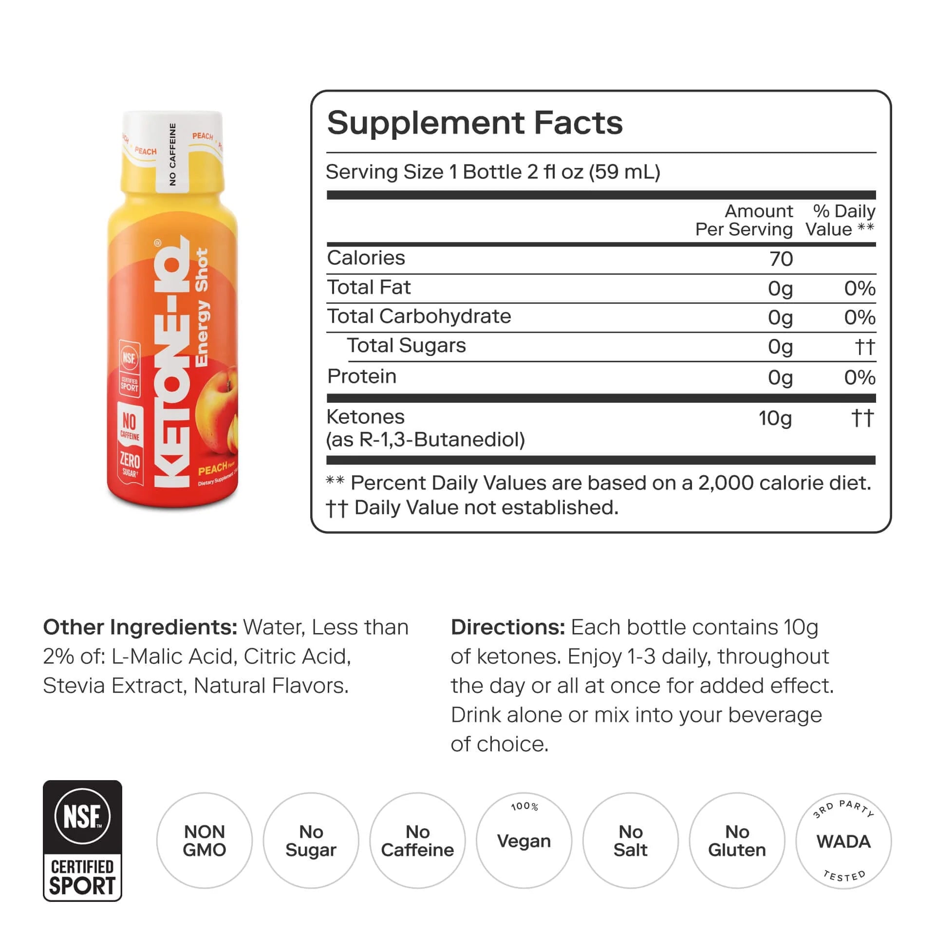 Ketone - IQ - Energy Shot - Peach - Caffeine Free - 6 x 59mL - Yo Keto