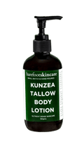 Kunzea Tallow Body Lotion - 190ml by Barefoot Skincare Co in dark bottle with green and white product label and black pump dispenser