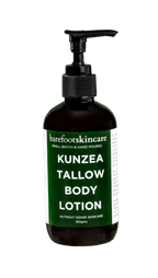Kunzea Tallow Body Lotion - 190ml by Barefoot Skincare Co in dark bottle with green and white product label and black pump dispenser