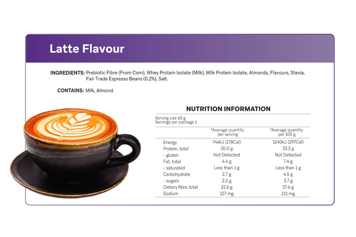 Latte Smart Protein Bars x 12 by Smart Diet Solutions with nutrition info and latte coffee cup image, low carb and keto-friendly.