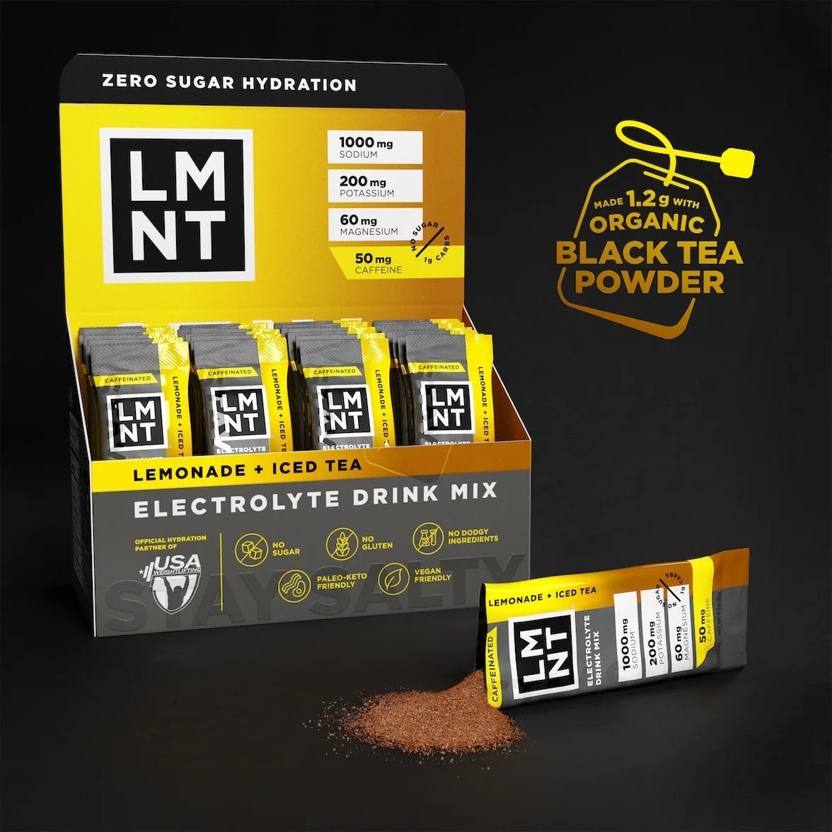 Lemonade + Iced Tea - 30 Sticks - Damaged Box electrolyte drink mix by LMNT with organic black tea powder display box.