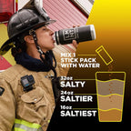 Person in firefighter gear drinking from LMNT bottle with Lemonade + Iced Tea - 30 Sticks - Damaged Box shown