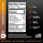 Nutrition facts and ingredient details for LMNT Chocolate Caramel Electrolyte Mix - 30 Sticks by LMNT, highlighting keto-friendly, vegan, and paleo attributes.