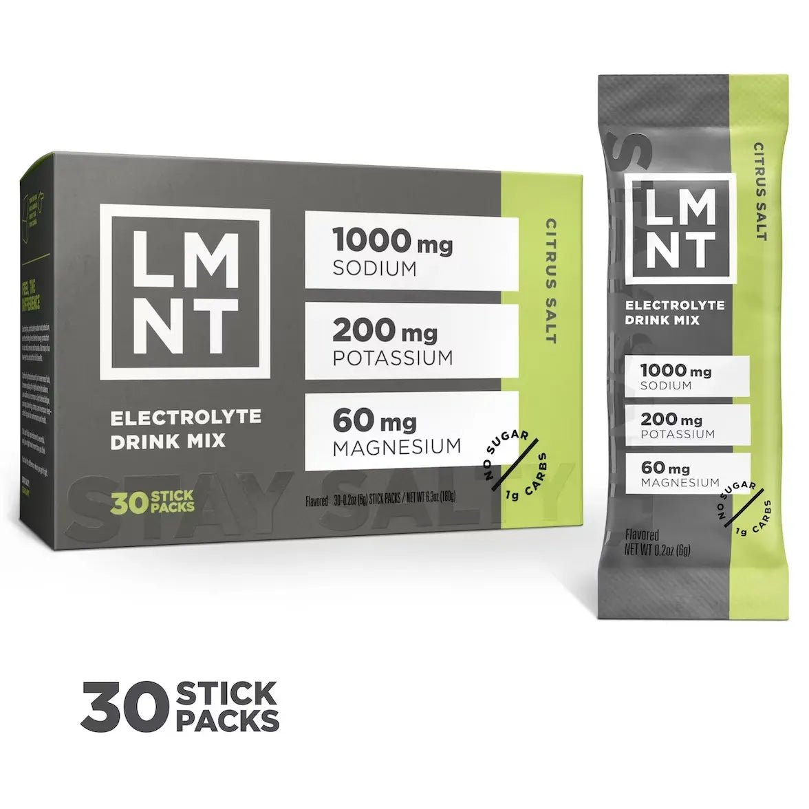 Box and single stick pack of LMNT Citrus Salt Electrolyte Mix - 30 Sticks by LMNT featuring keto-friendly low carb electrolyte drink mix with sodium, potassium, and magnesium.